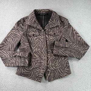 WHBM Denim Jacket Womens 4 Zebra Print Snap Front Pockets Brown Artsy Casual